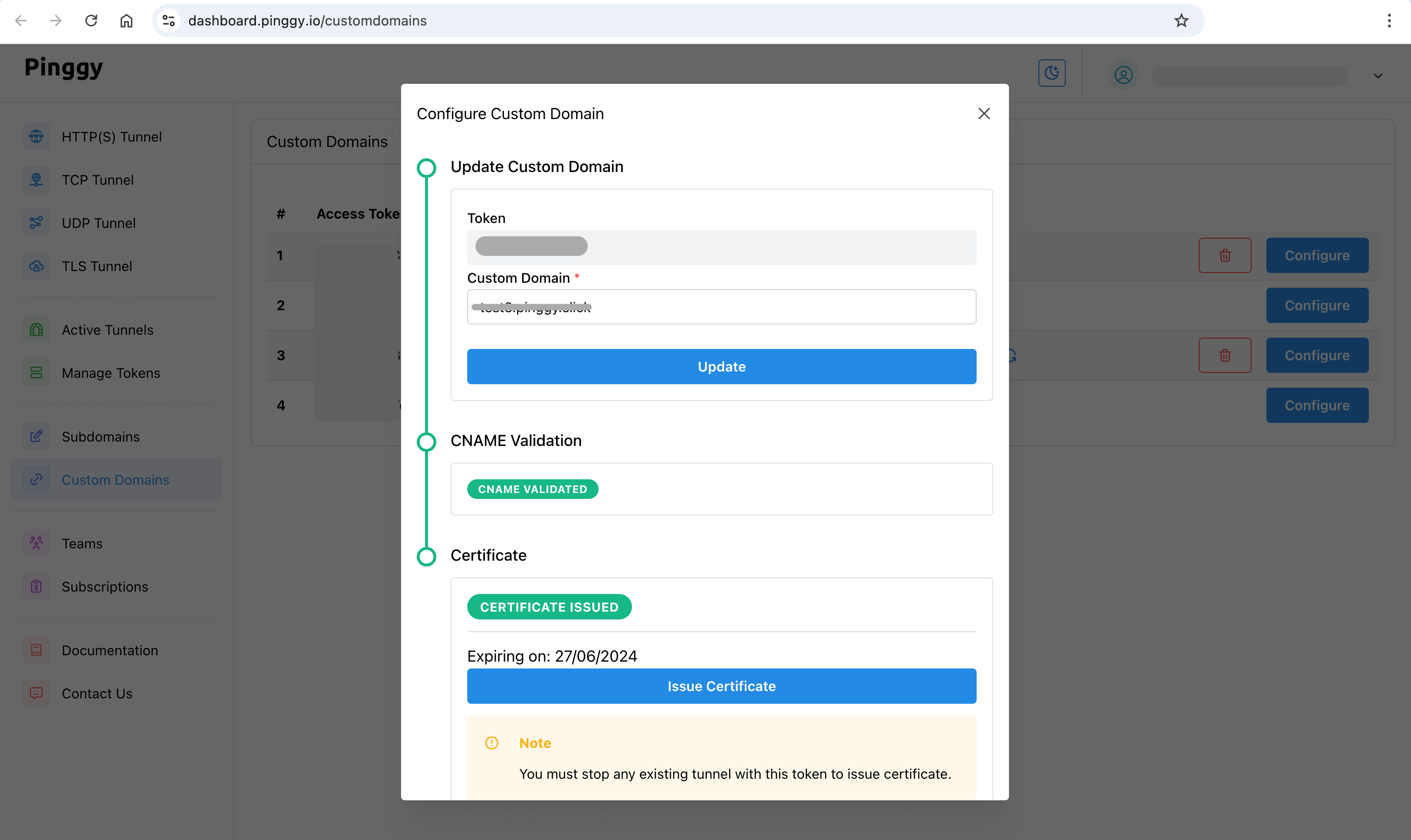 Validate cname for custom domain and issue certificate - Pinggy